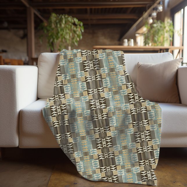 Beige Teal Blue Green Taupe Brown Tribal Pattern Fleece Blanket (Creator Uploaded)