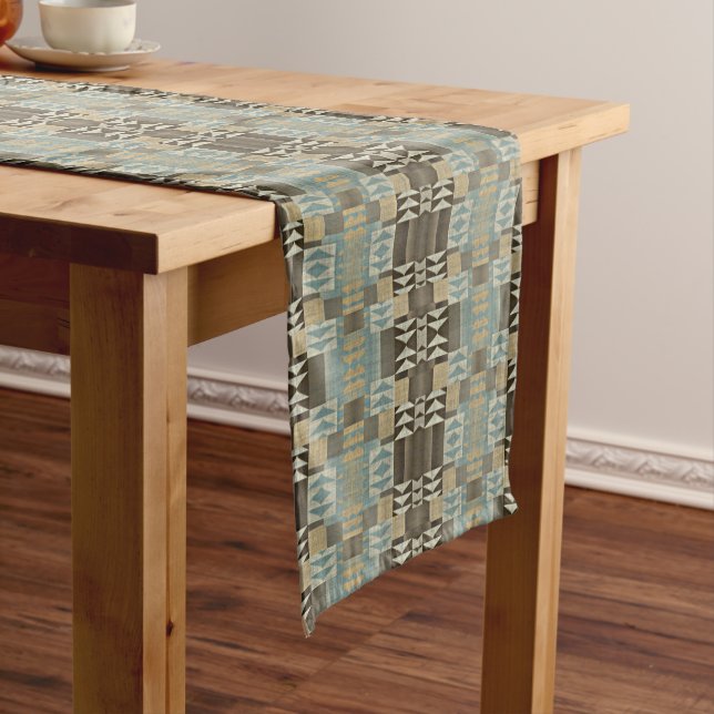 Beige Teal Blue Green Taupe Brown Tribal Pattern Medium Table Runner (In Situ)