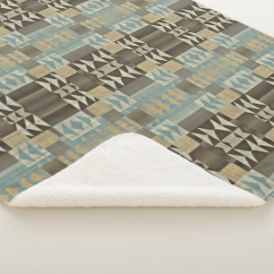 Beige Teal Blue Green Taupe Brown Tribal Pattern Sherpa Blanket