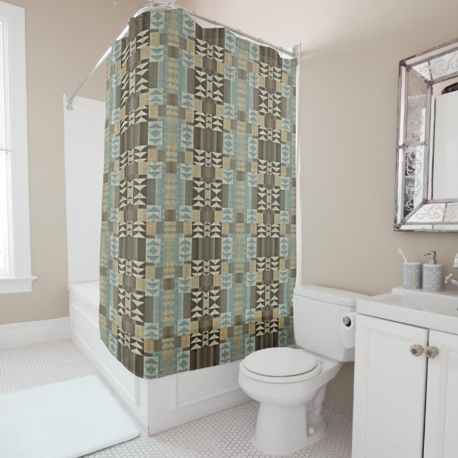 Beige Teal Blue Green Taupe Brown Tribal Pattern Shower Curtain (In Situ)