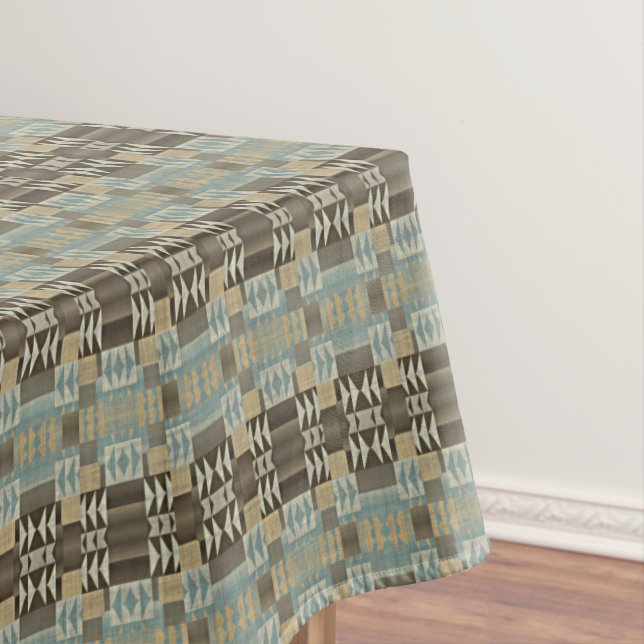 Beige Teal Blue Green Taupe Brown Tribal Pattern Tablecloth (In Situ)