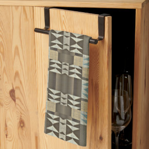 Beige Teal Blue Green Taupe Brown Tribal Pattern Tea Towel