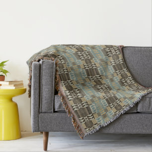 Beige Teal Blue Green Taupe Brown Tribal Pattern Throw Blanket