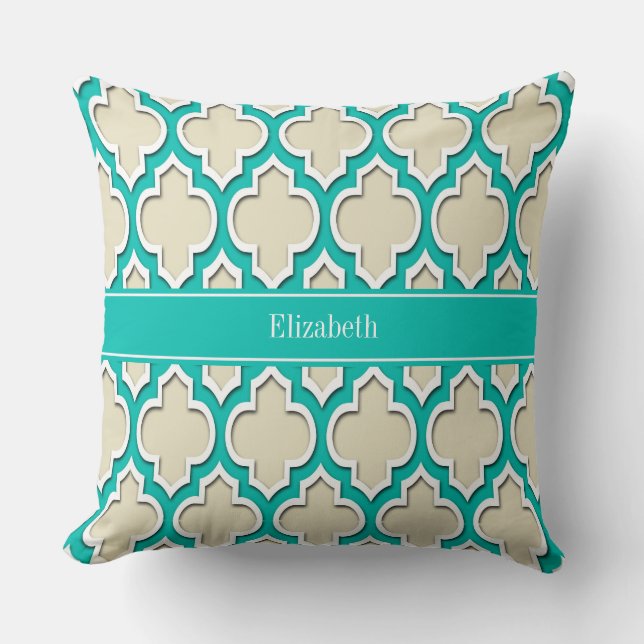 Beige Teal Wht Moroccan #4DS Teal Name Monogram Cushion (Front)