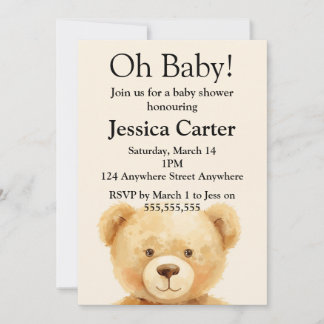 Beige Teddy Bear Gender Neutral Baby Shower  Invitation