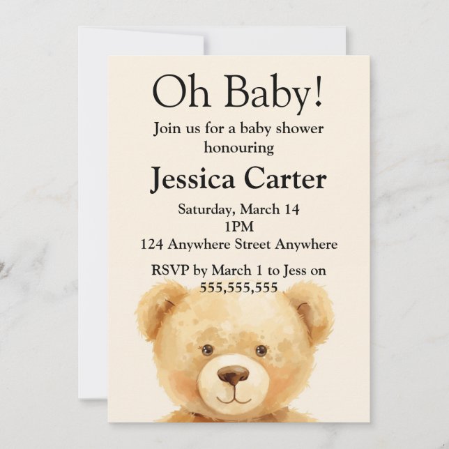 Beige Teddy Bear Gender Neutral Baby Shower  Invitation (Front)