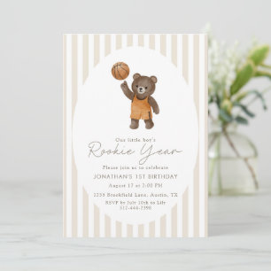 Beige Teddy Bear Rookie Year 1st Bday Basketball  Invitation