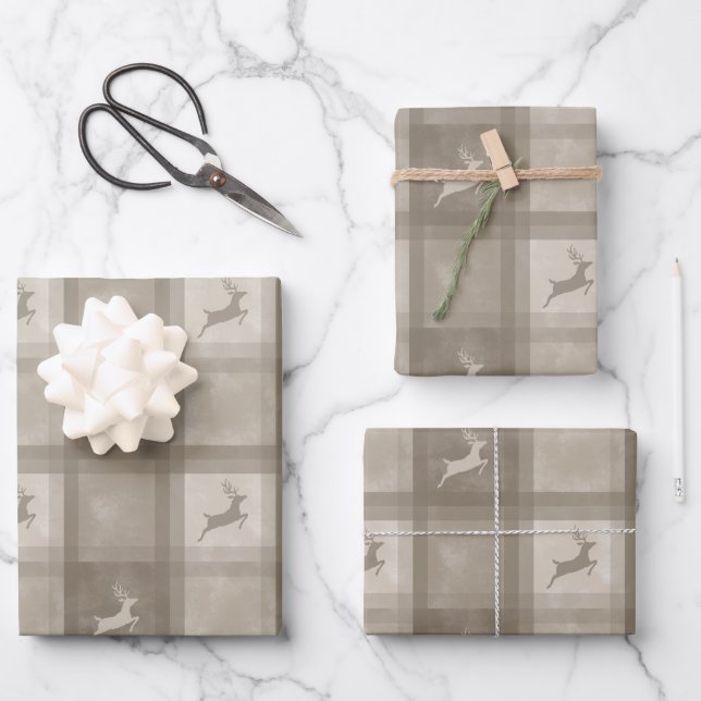 Beige Texture Plaid With Deer Stylish Christmas Wrapping Paper Sheet (Front)