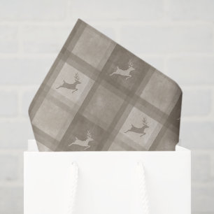 Beige Textured Plaid With Reindeer Christmas Tissue Paper