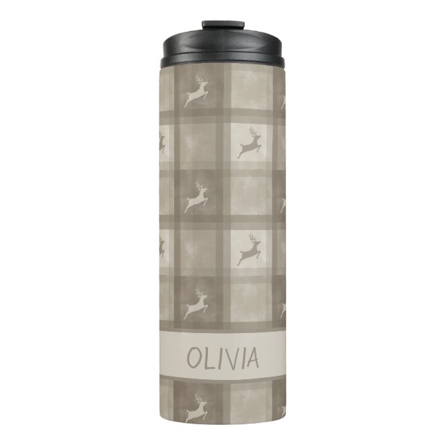 Beige Textured Reindeer Plaid Pattern Christmas Thermal Tumbler (Front)