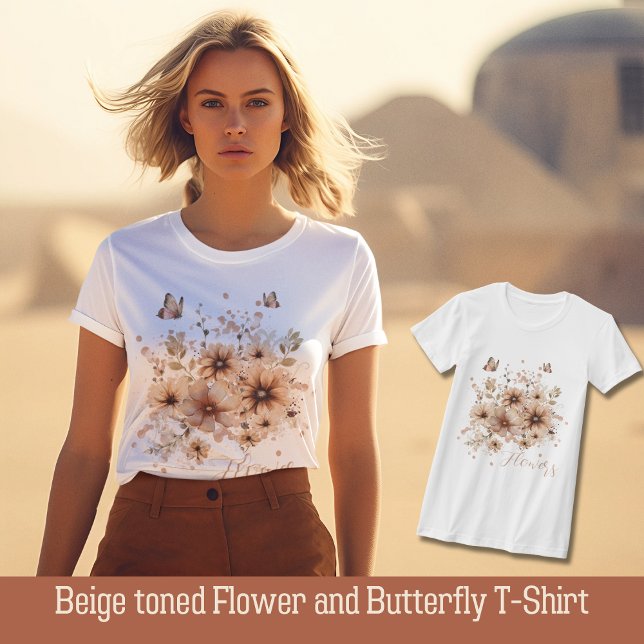 Beige toned Flower and Butterfly T-Shirt (Creator Uploaded)