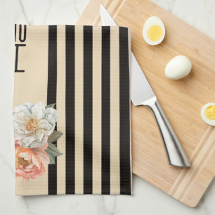 Beige Top with Brown Stripes Floral Tea Towel