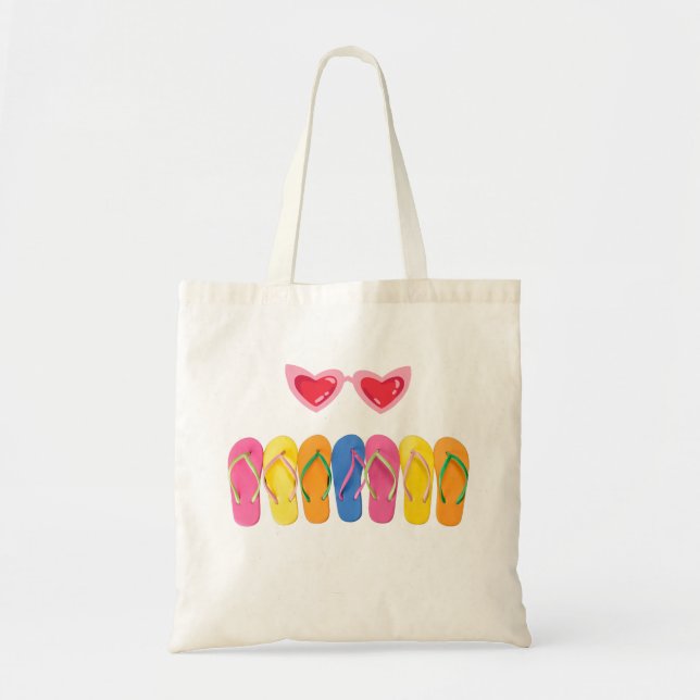Beige Tote Bag with Colourful Flip-Flops  (Front)