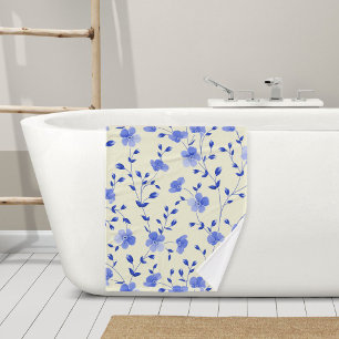 Beige towel with blue flowers - Elegant bath towel