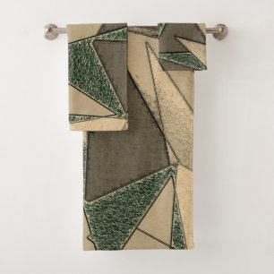 Beige triangular cutout on 'dark green background' bath towel set