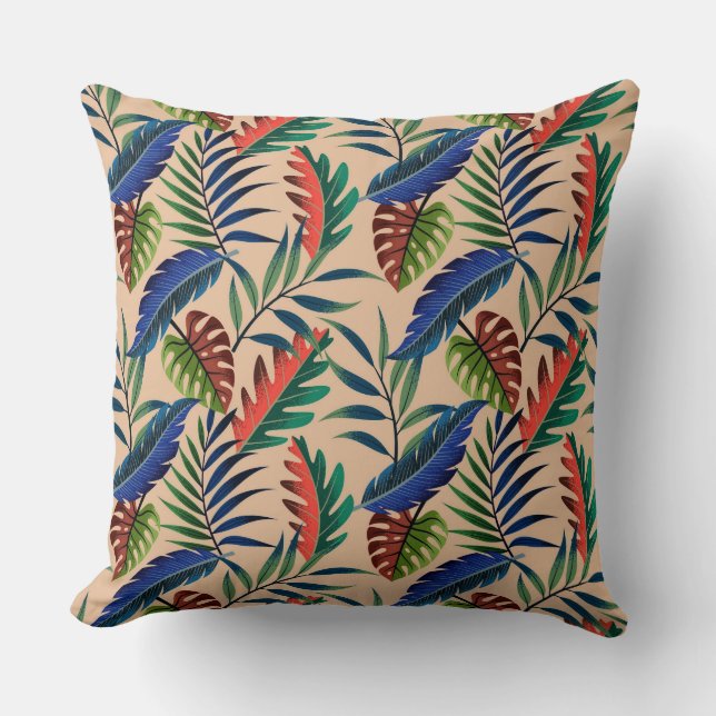Beige Tropical Leaves Pattern Cushion (Front)