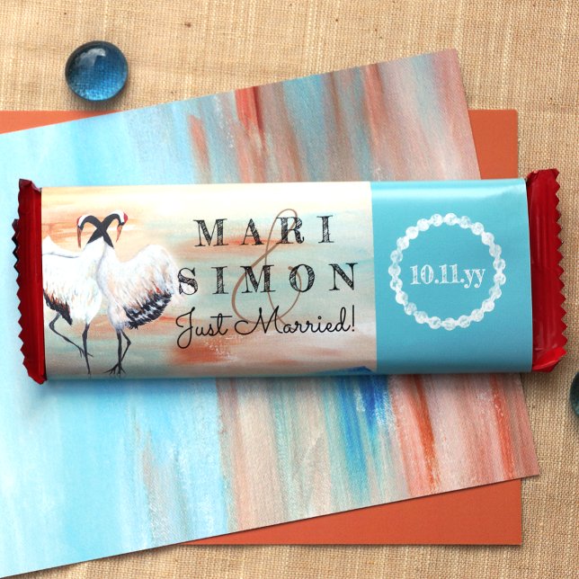 Beige Turquoise Cranes Wedding Candy Bar Wrapper (sienna beige cyan turquoise wedding personalized chocolate candy bars wrappers labels just married)