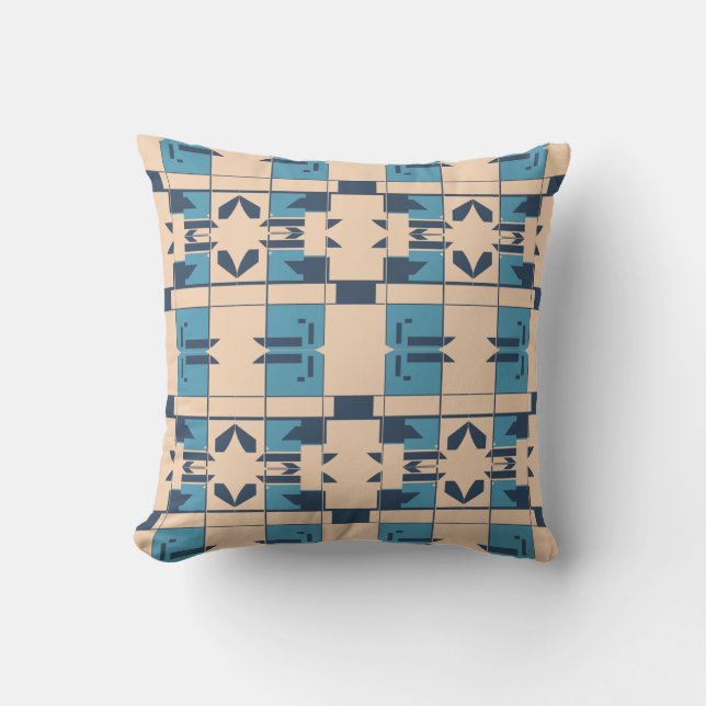 Beige Turquoise Navy Mediterranean Small Mosaics Cushion (Front)