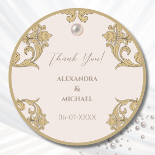 Beige Victorian Pearl Vintage Wedding Thank You Classic Round Sticker