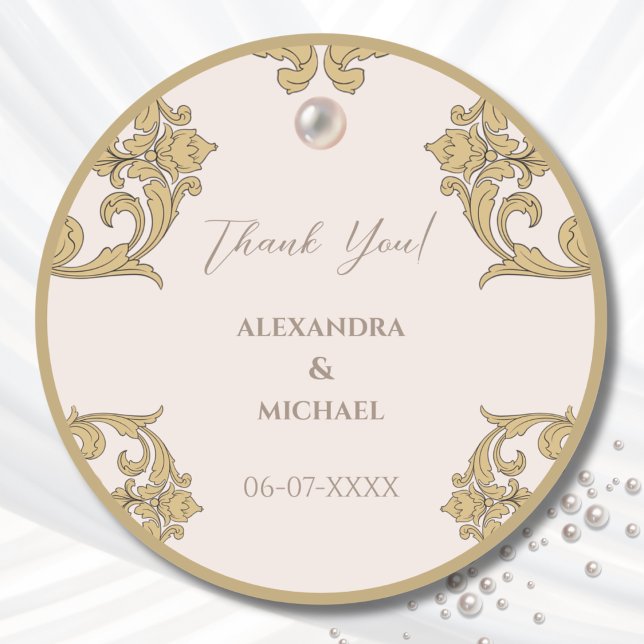 Beige Victorian Pearl Vintage Wedding Thank You Classic Round Sticker (Creator Uploaded)