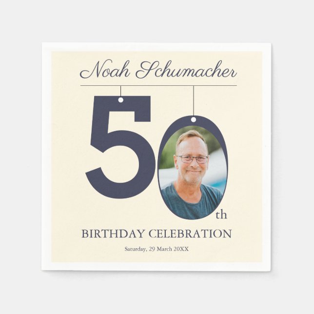 Beige Vintage 50th Birthday Custom Photo Napkin (Front)
