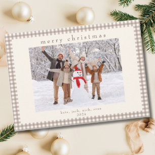Beige Vintage Gingham Check Christmas Photo  Holiday Card