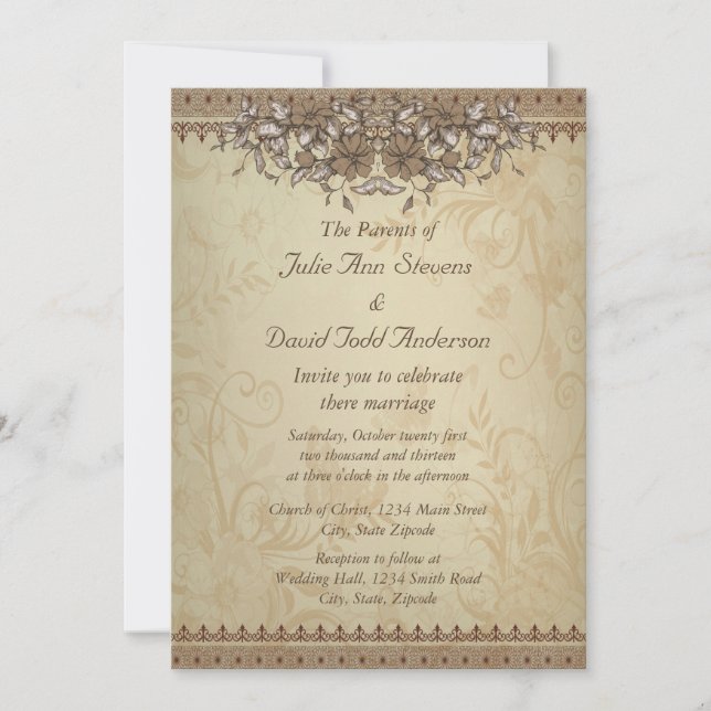 Beige Vintage Lace Wedding Invitation (Front)