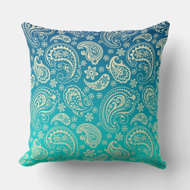 Beige Vintage Paisley & Turquoise Gradient Cushion (Front)