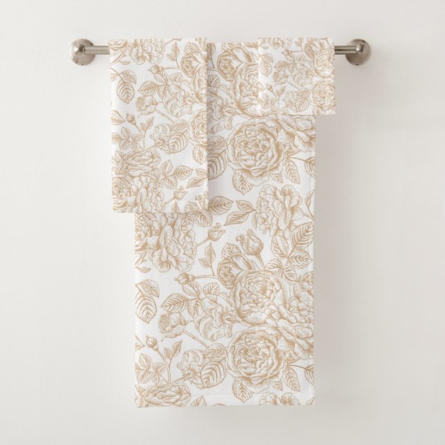 Beige Vintage Rose Flower Pattern Bath Towel Set (Insitu)