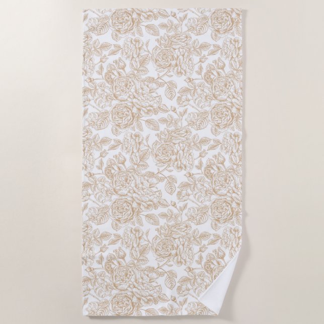 Beige Vintage Rose Flower Pattern Beach Towel (Front)