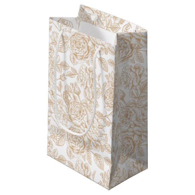 Beige Vintage Rose Flower Pattern Small Gift Bag (Front Angled)