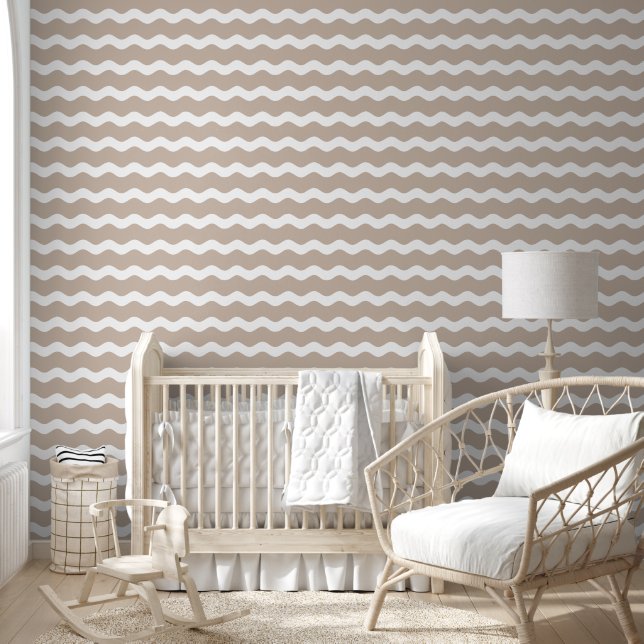 Beige Wavy Ric Rac Striped Pattern Wallpaper (Kids)