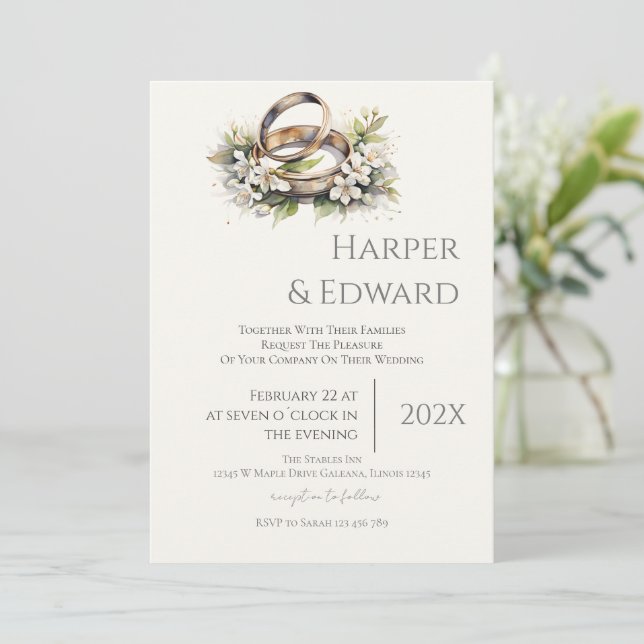 beige wedding invitation with ring (Standing Front)