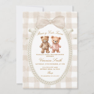 Beige White Bear-y Cute Twins Bear Baby Shower Invitation
