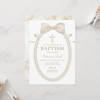 Beige White BOW Pearls Girl Baptism Christening Invitation