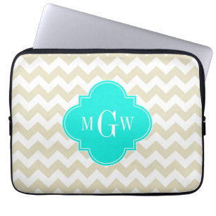 Beige White Chevron Aqua Quatrefoil 3 Monogram Laptop Sleeve