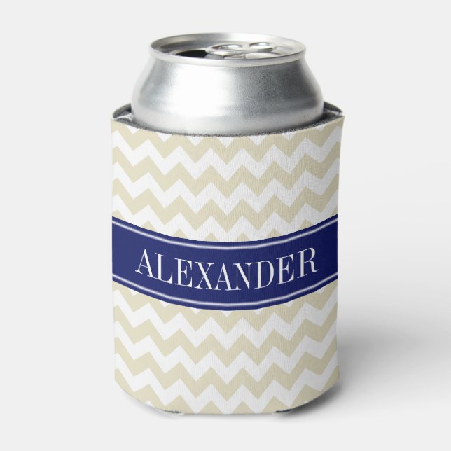 Beige White Chevron Navy Name Monogram Can Cooler (Can Front)