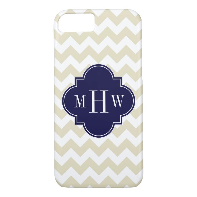 Beige White Chevron Navy Quatrefoil 3 Monogram Case-Mate iPhone Case (Back)