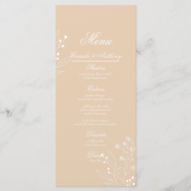 Beige White Corner Floral Boho Wedding Menu (Front)