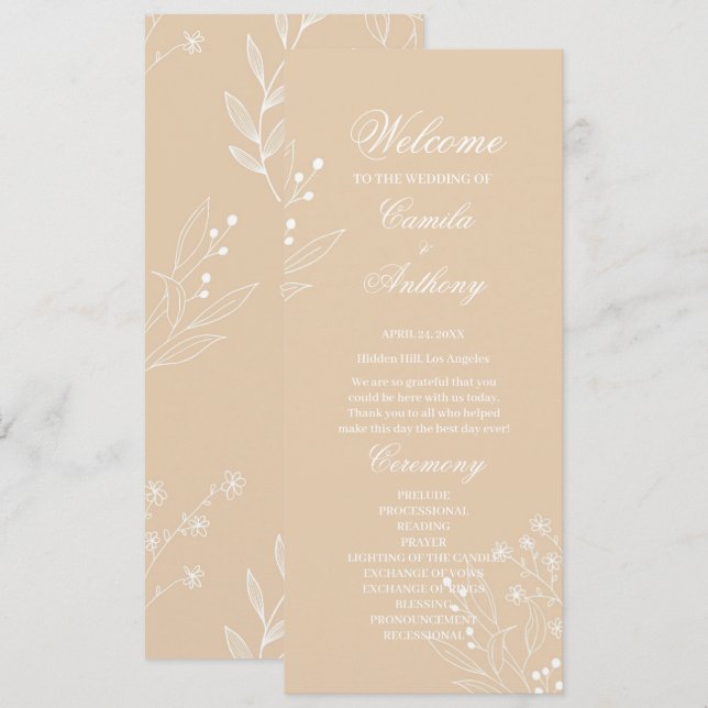 Beige White Corner Floral Boho Wedding Program (Front/Back)