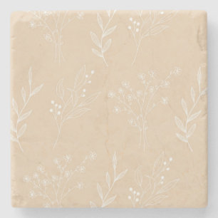 Beige White Corner Floral Boho Wedding Stone Coaster