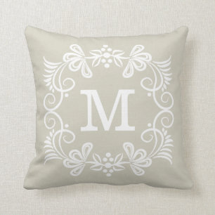 Beige White Custom Monogram Decorative Cushion
