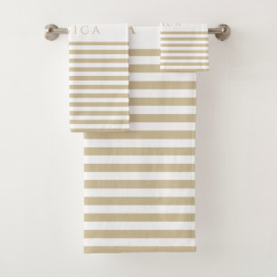 Beige & White Farmhouse Stripe Pattern Personalise Bath Towel Set