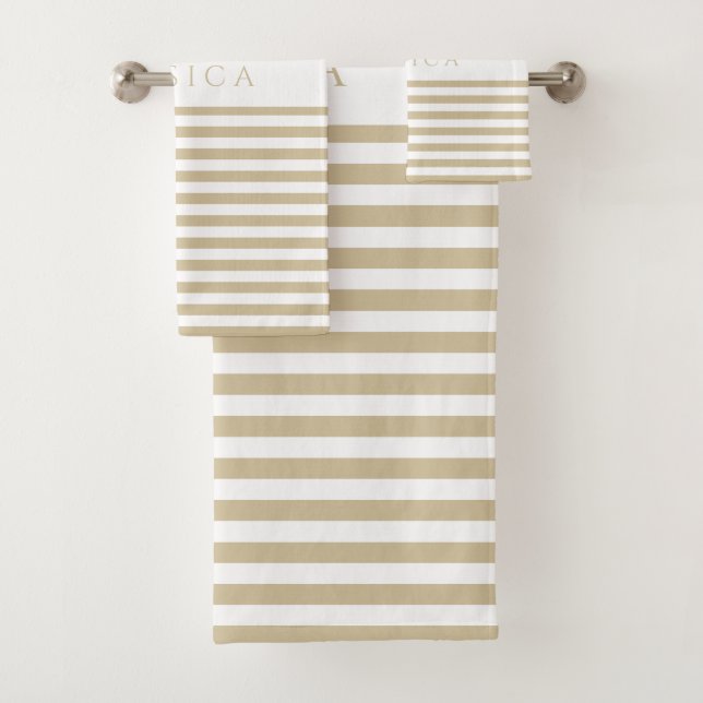 Beige & White Farmhouse Stripe Pattern Personalise Bath Towel Set (Insitu)