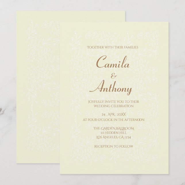 Beige White Floral Pattern Print Border Wedding Invitation (Front/Back)