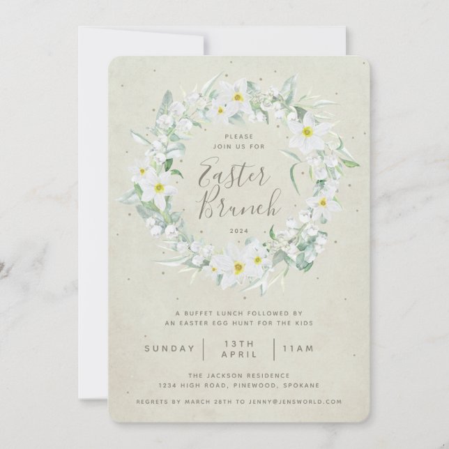 Beige + White Floral Wreath Easter Brunch Invitation (Front)
