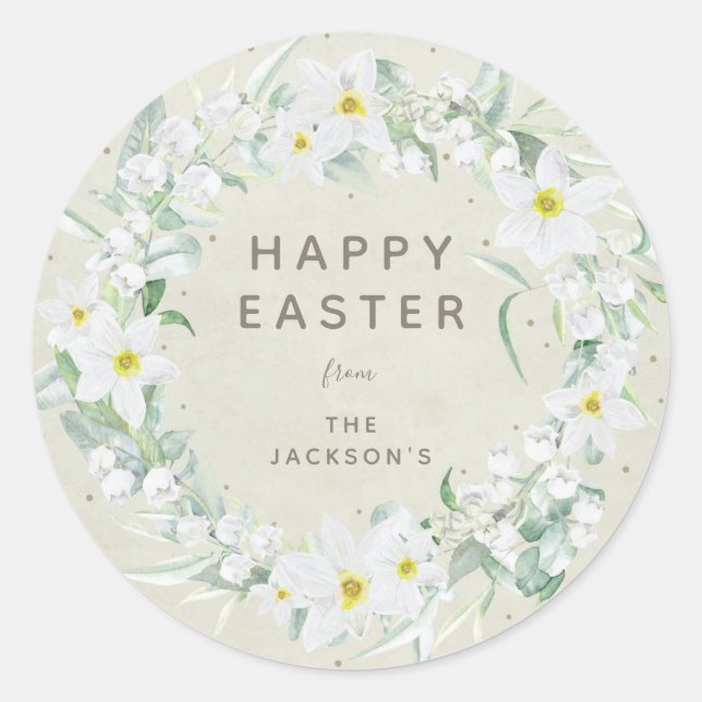 Beige + White Floral Wreath Easter Message Classic Round Sticker (Front)