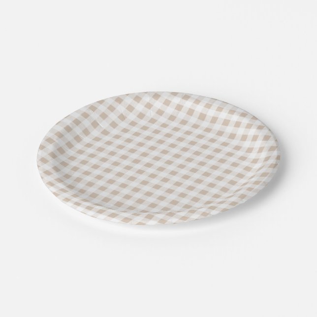 Beige White Gingham Pattern Paper Plate (Angled)