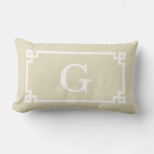 Beige White Greek Key Frame #2 Initial Monogram Lumbar Cushion