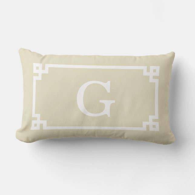 Beige White Greek Key Frame #2 Initial Monogram Lumbar Cushion (Front)